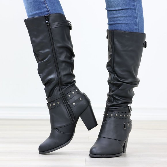 Motorcycle Heeled Boots For Rocker Biker Girls Below The Knee Black Faux Leather - Picture 10 of 14